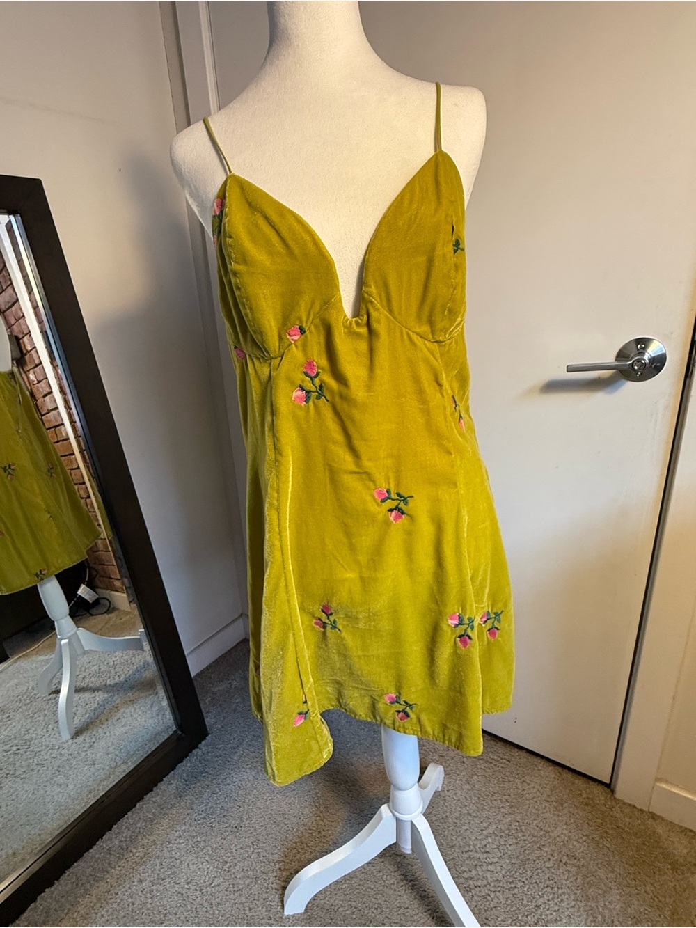 Urban Outfitters Olive Green Velvet Slip Dress with Pink Floral Embroidery